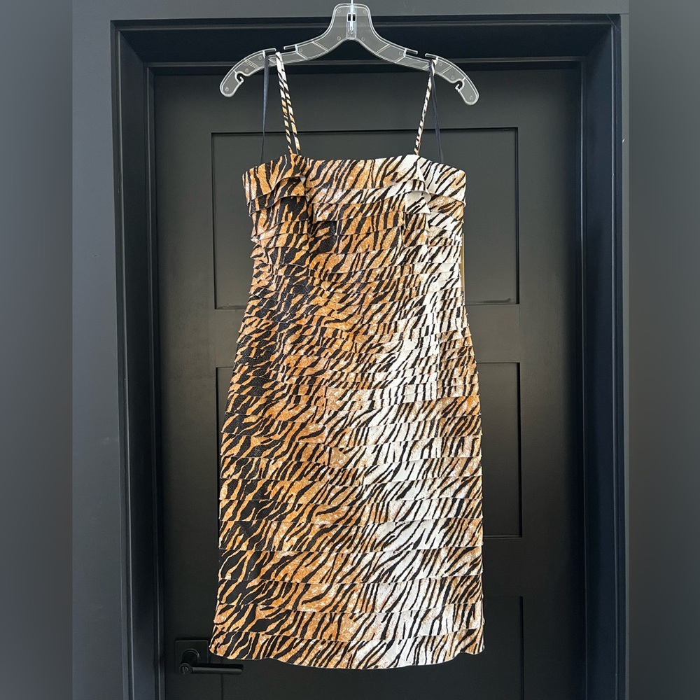 NWT Cathaya Women's Size 12 Black/White/Brown Animal Print Tiered Sheath Dress